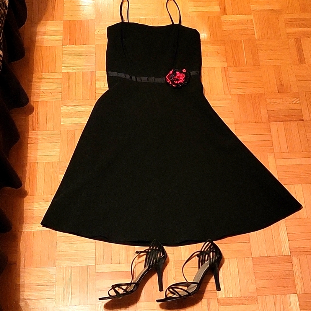 SALE! Cocktail Dress, Black, Spaghetti Strap, Stretch, A-line, Rosette, 6